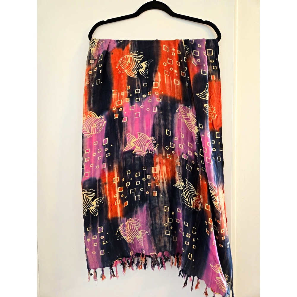 Womens Multicolor Fish Theme Print Scarf/Wrap w/ Fringe Accent Trim
